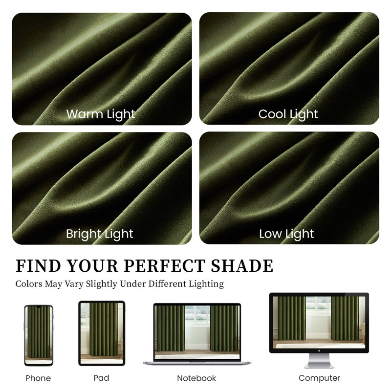 Alicea Velvet 100% Blackout Thermal Curtain Panel , 52" W x 90" L, Olive Green