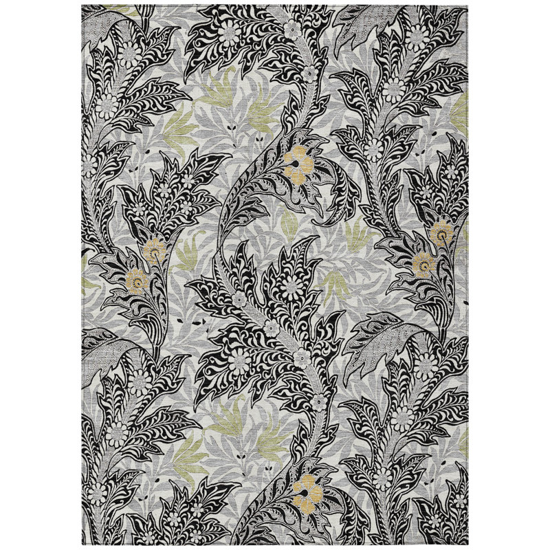 Machine Washable Indoor/Outdoor Chantille ACN2753 Botanical Rug, 3' x 5', Black