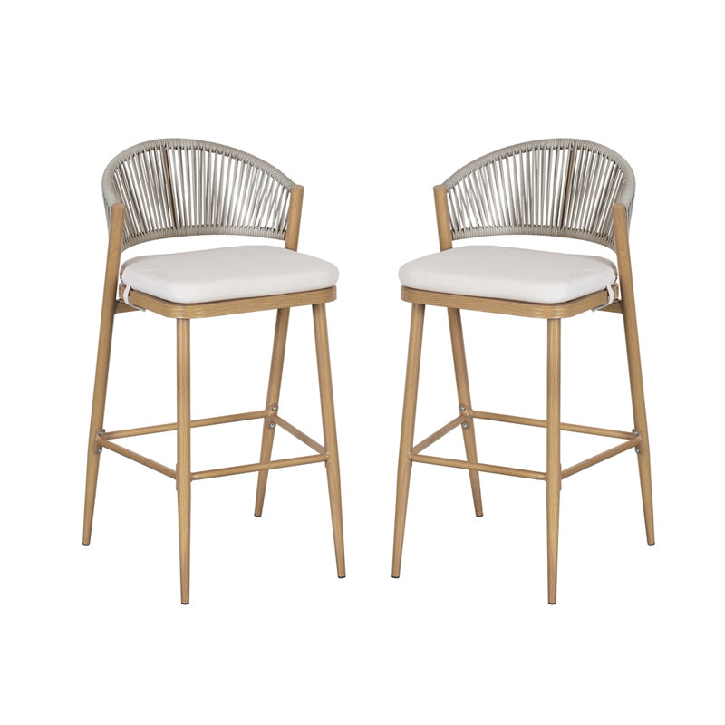 Ensemble de 2 tabourets de bar d'extérieur à structure en métal à hauteur d'assise 30,25 "avec dossier en PE en rotin, Érable