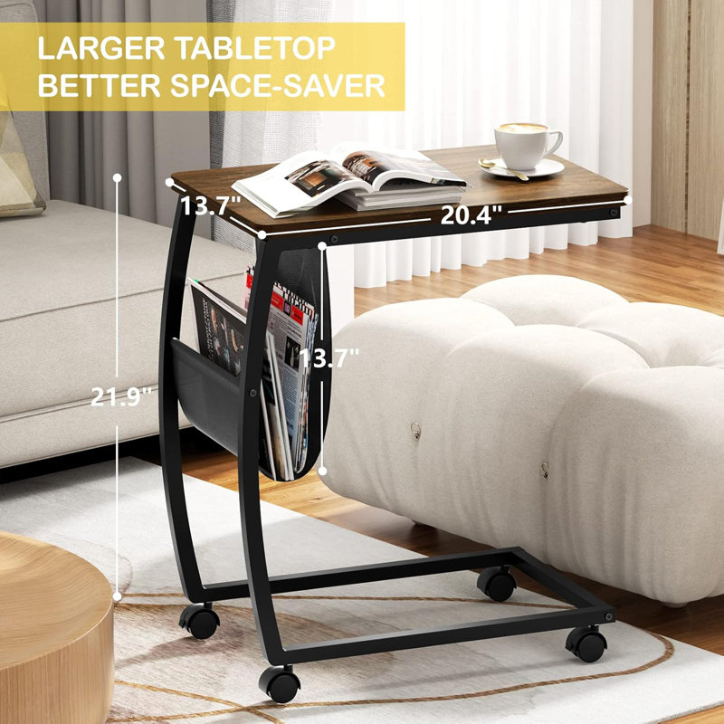 C Shaped End Table With Storage Pocket And Rolling Wheels For Laptop Coffee Snack, Light Walnut