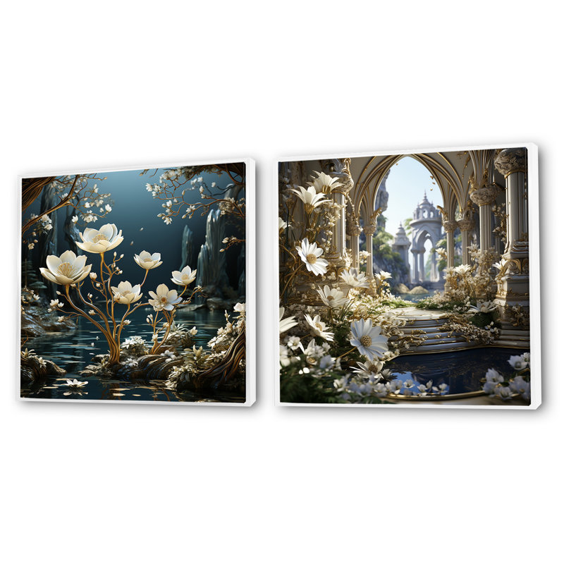 Gilded Snowdrops River - ensemble de 2 collages floraux carrés, Cadre blanc, H 36 po x l 73 po