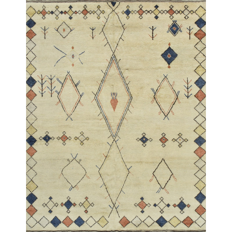 Tapis marocain en laine noué à la main ivoire / bleu / brun, Rectangle 10 pi 1 po x 13 pi 1 po