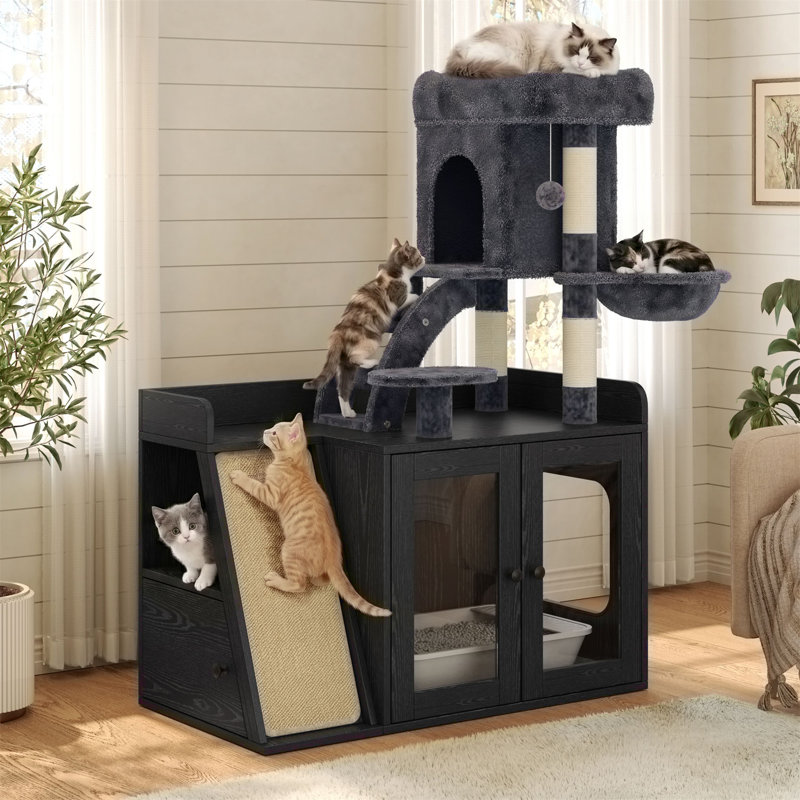 Enceinte de litière avec tour pour chat tout-en-un, Noir
