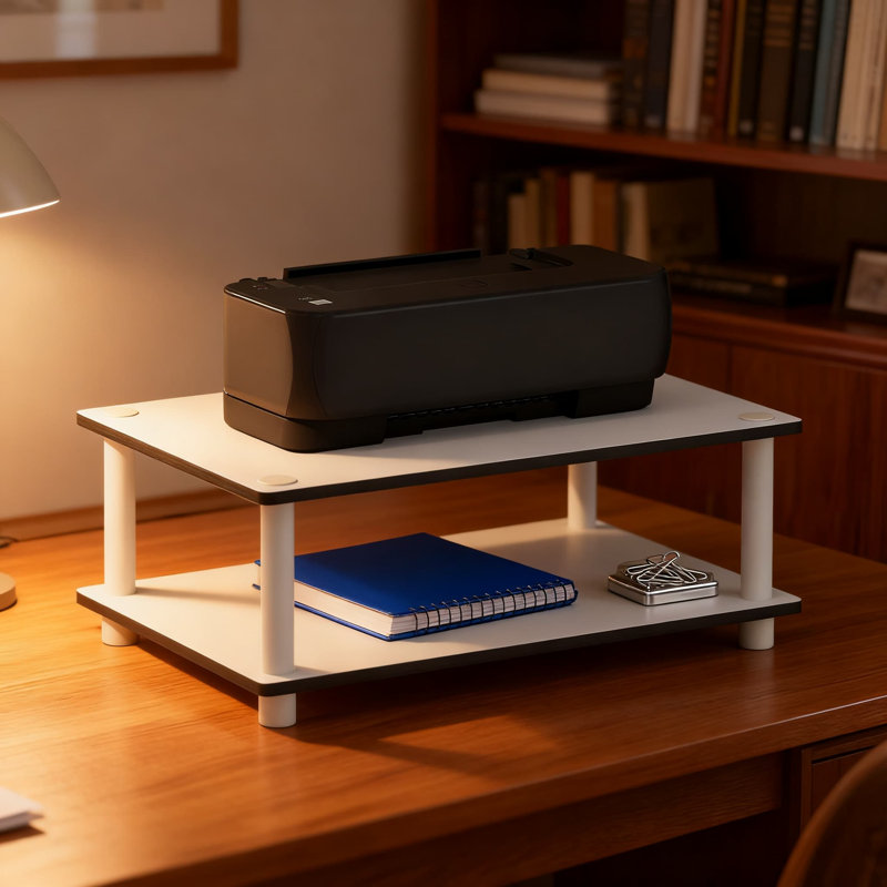 Support pour imprimante avec rangement, organisateur sous le bureau à 2 niveaux pour imprimante, unité centrale et fournitures de bureau, conception peu encombrante, fabrication en bois composite durable