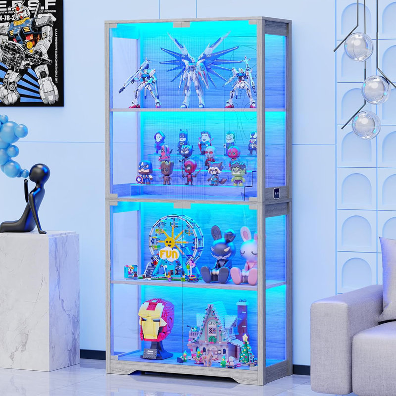 Gray 4-Tier Display Cabinet with Glass Doors and LED Lighting