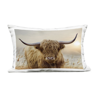 Coussin extérieur Highland Cow & Warm Sunset, conçu par CAD Designs