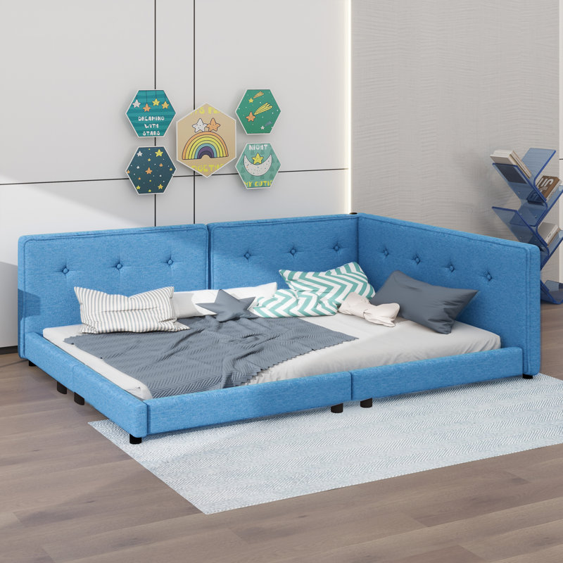 Lit plateforme tapissier avec ports USB intégrés, Double, Bleu