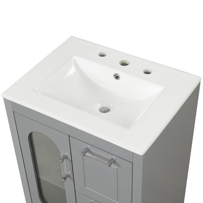 Meuble-lavabo gris 24 po avec lavabo Armoire avec deux tiroirs et une porte; Tablette réglable Bois massif et panneau de fibres à densité moyenne