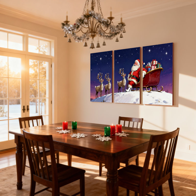 Ensemble de 3 impressions sur toile de Noël, père Noël avec renne et traîneau, H 18 po x l 36 po
