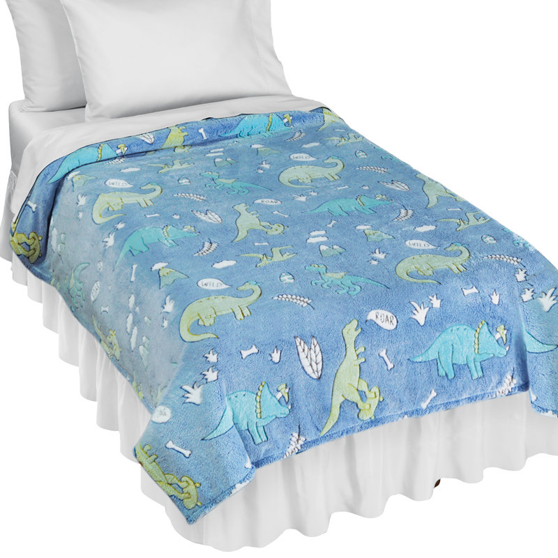 Blue Glow-in-the-Dark Dinosaur Knitted Throw Blanket