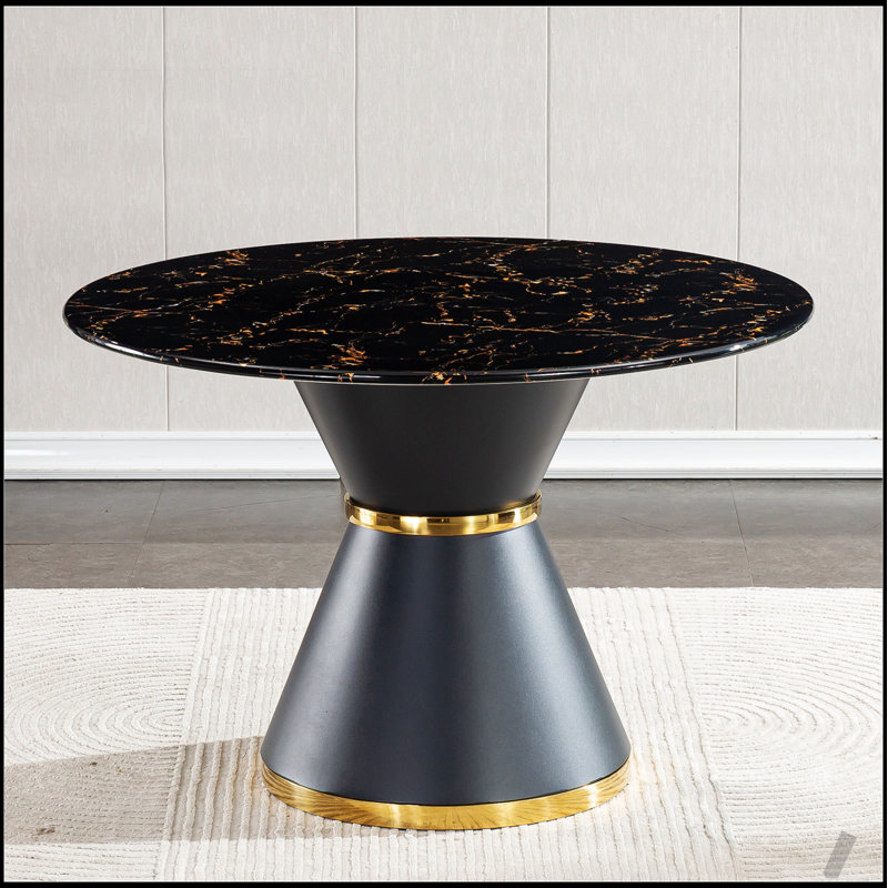 Table de salle à manger moderne en pierre artificielle ronde avec base en acier au carbone pour six personnes, élégante et durable
