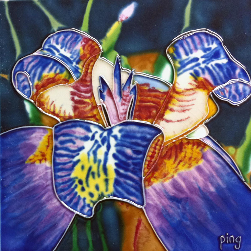 8x8" Iris Flower Ceramic Art Tile Wall Décor and Trivet Hot Plate