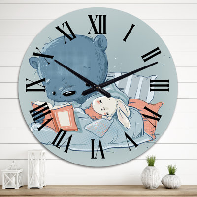 Cute Cartoon Teddy Bear with Little White Hare - Children's Art Wall Clock