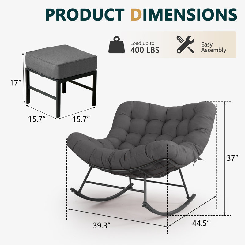 Ensemble de chaises berçantes d'extérieur pour 2 personnes avec coussins et repose-pieds, Gris