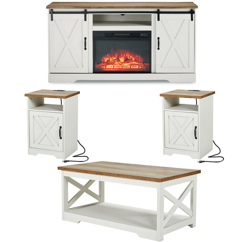 Chiara 5 Piece Farmhouse Living Room Table Sets,Distressed White, Distressed White