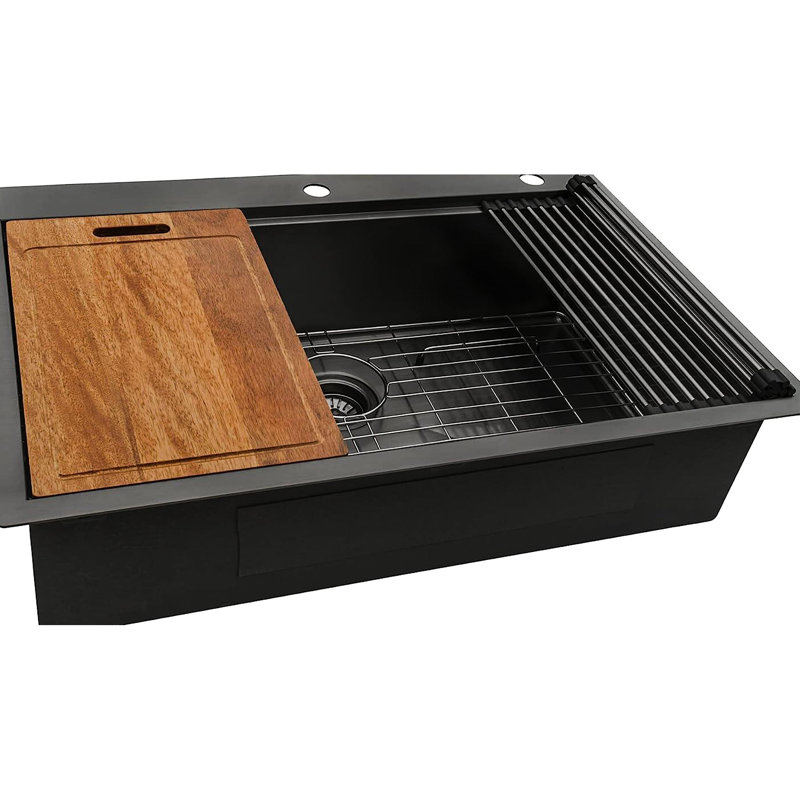 36Inch Black Stainless Steel Workstation Sink - 16 Gauge With Wear Resistance And X-Shaped Drainage System Kitchen Sound Insulation Space Optimization