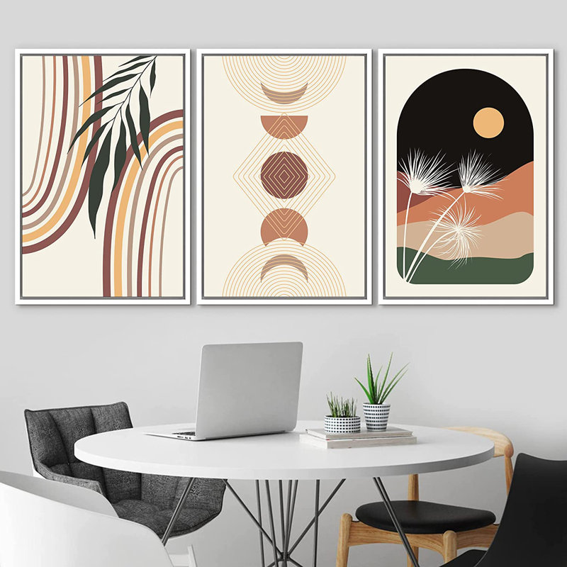 «Mid Century Modern Boho Geometric Crescent Moon Desert», ensemble de 3 impressions sur toile flottante, Blanc