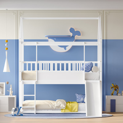 Lit superposé simple au dessus d'un lit simple avec glissière convertible, échelle et garde-corps de sécurité, base de lit pour enfant