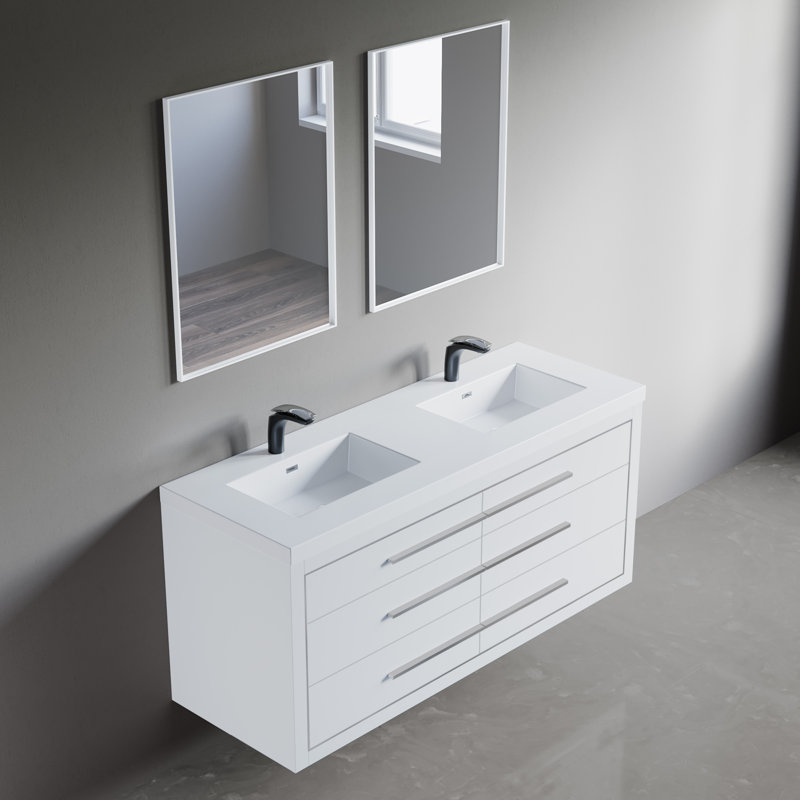 Meuble-lavabo mural double 61 po avec surface solide 61 po, Blanc, Chrome