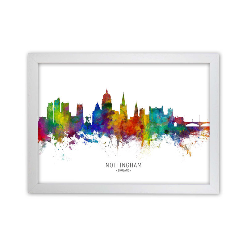 Nottingham England Skyline by Michael Tompsett - Print, White Framed, 64cm H x 88cm W x 3cm D