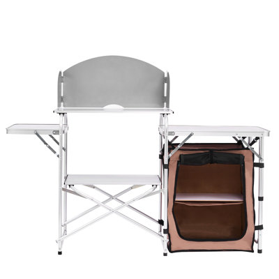 Outdoor 2-Tier Kitchen with Zippered Bag, Portable Folding Cook Table for BBQ, Party and Camping, Brown