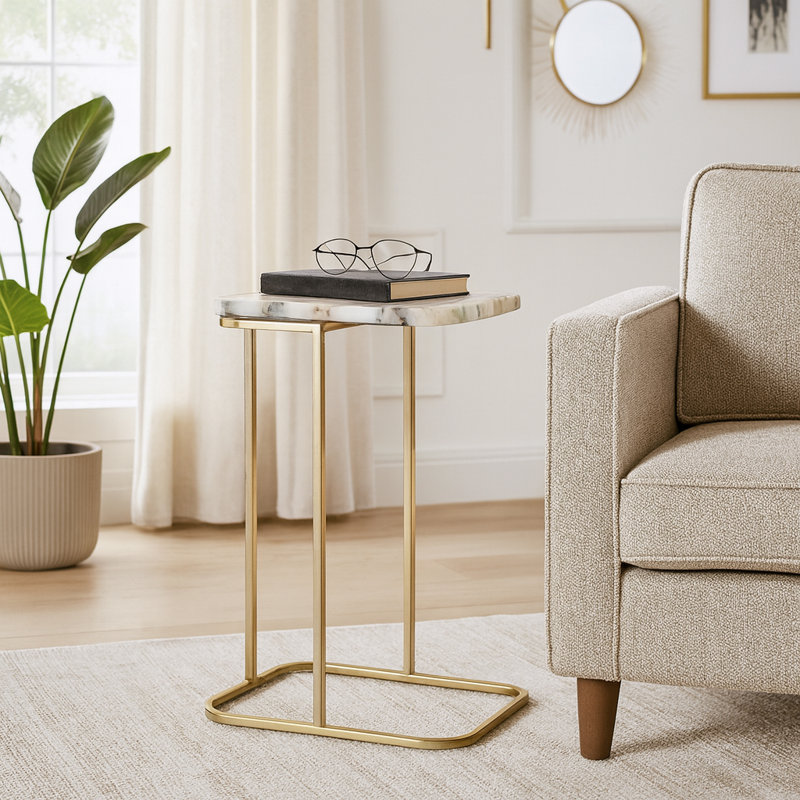 Sagebrook Home 24X15" Agate Top C-Table, White/Gold, White