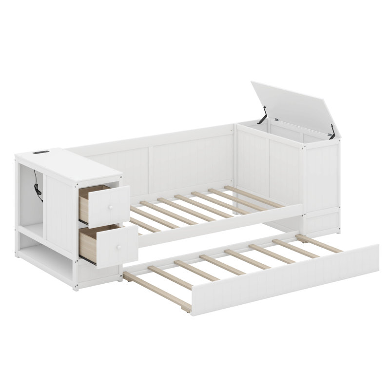 Maximisez l'espace avec un lit de jour simple, des accoudoirs de rangement et un lit gigogne avec station de charge, Blanc