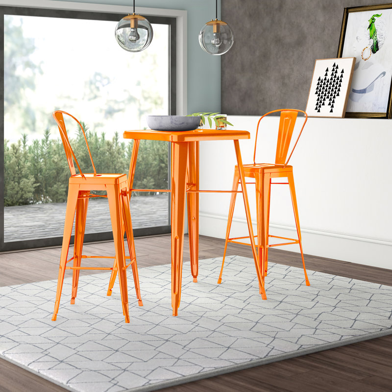Toquerville Square Metal Indoor-Outdoor Bar Table Set with 2 Stools with Backs, Orange