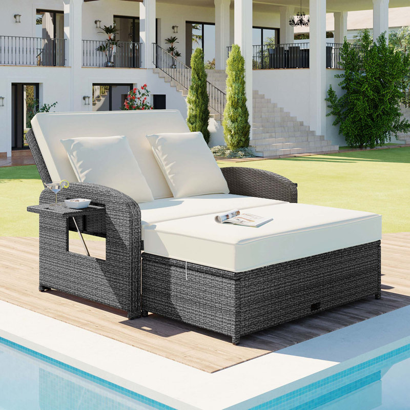Double Chaise Lounge 2-Person Reclining Daybed With Adjustable Back And Storage Function, White