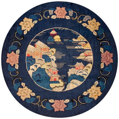 A Navy Blue Color With Florid & Beautiful Scenery as Design Antique Chinese Rug