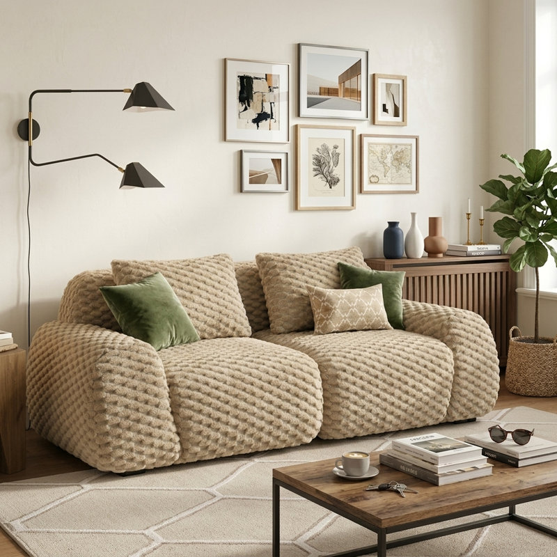 Canapé de salon moderne et minimaliste, tissu d'ameublement en tissu texturé, Blanc