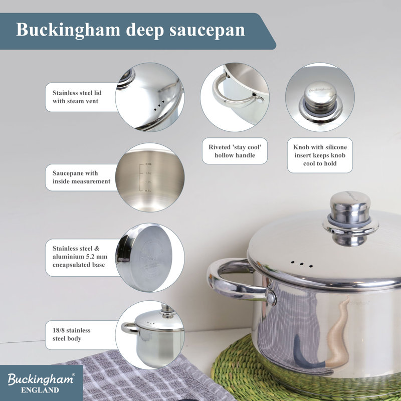 Buckingham Stainless Steel Deep Saucepan Induction Compatible 20 cm 3.8 Litres