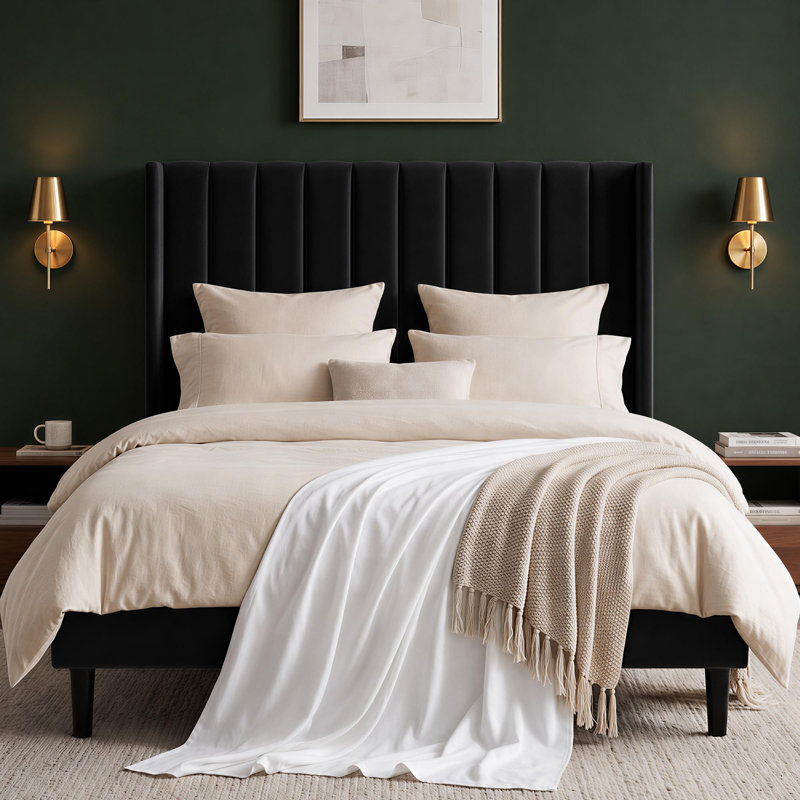Structure de lit grand format en velours avec tête de lit à oreilles de 52 po de hauteur | Rangement sous le lit, tête de lit haute, style Morden, assemblage simple, dossier rembourré confortable