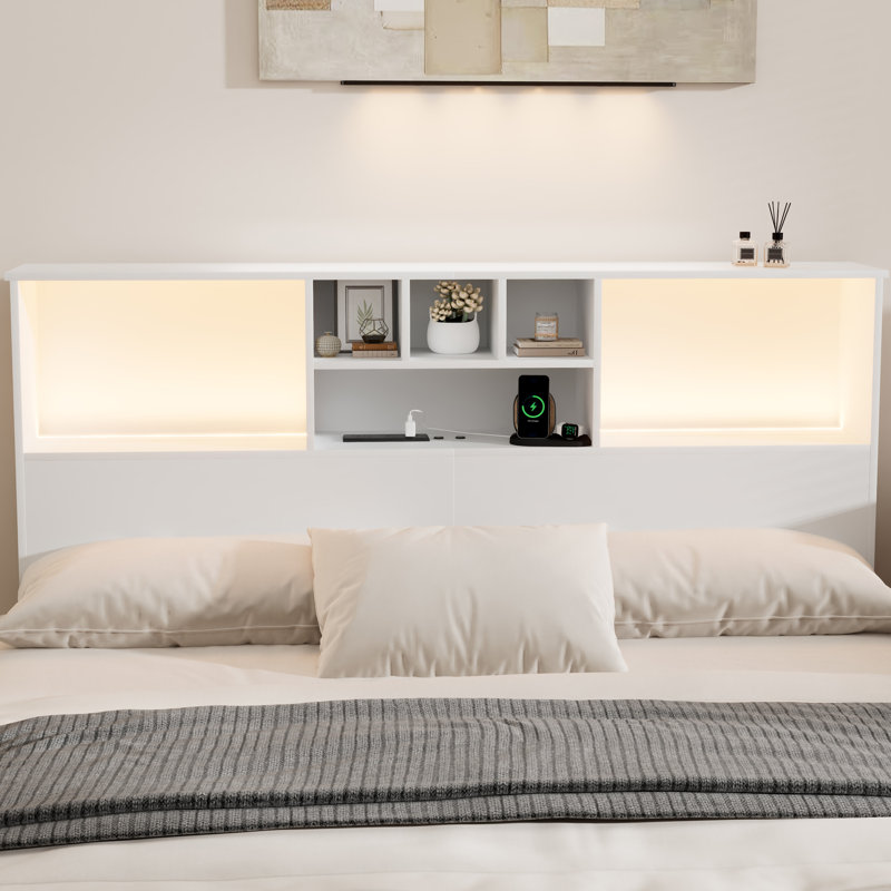 Modern Wooden Bookcase Headboard with Adjustable LED Lights & Charging Station – Queen & King Sizes,, QUEEN, White