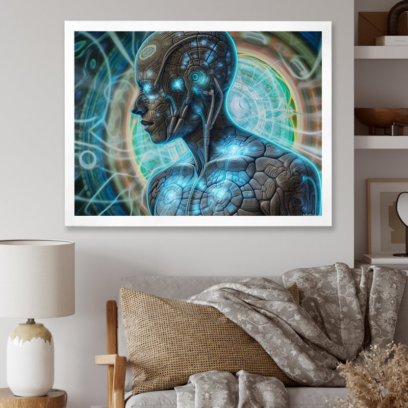 "Futur télépathie turquoise Cybog", reproduction sur toile, H 30 po x l 40 po x P 1,5 po, Cadre simple blanc