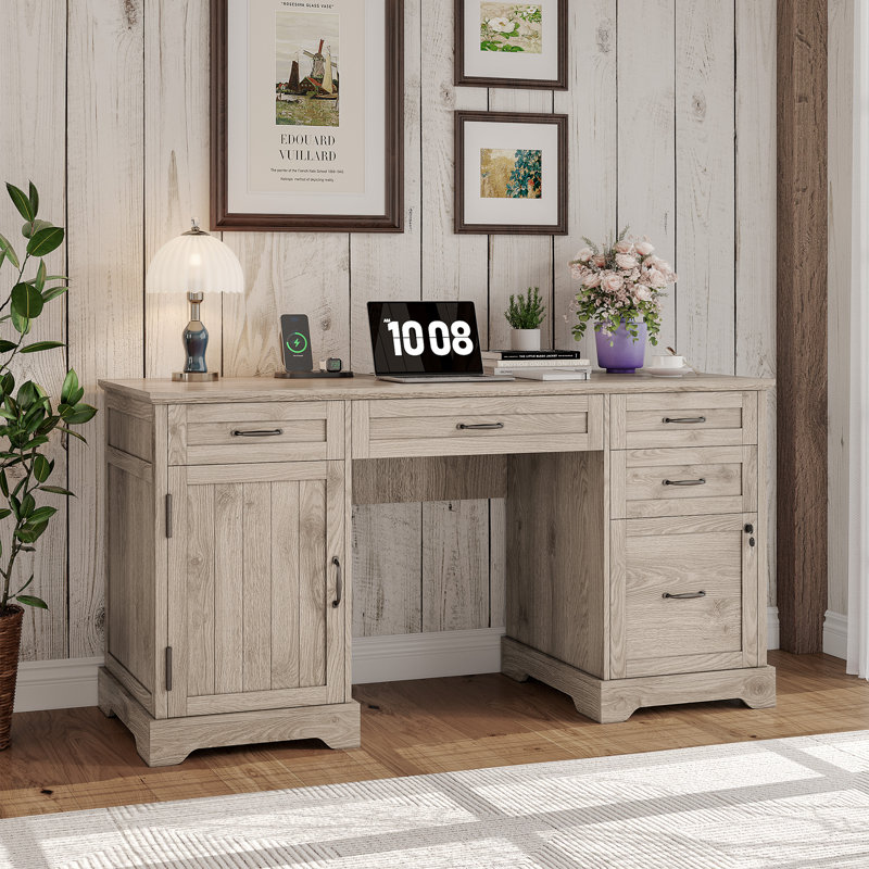 Bureau de direction 55 po avec tiroirs, classeur et prises de courant Clabe, Gris clair délavé