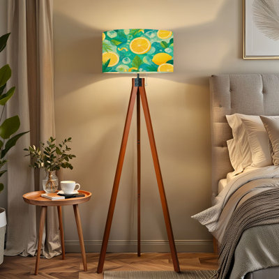  Lampe sur pied à trépied avec Citron glacé aux agrumes et feuilles tropicales à DEL avec pieds en bois de hêtre et abat-jour en lin détachable