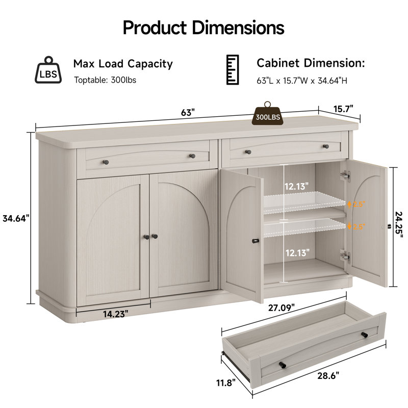 Buffet incurvé de 63 po avec rangement, armoire avec 2 tiroirs, 4 portes arquées et tablettes réglables pour le salon et la cuisine