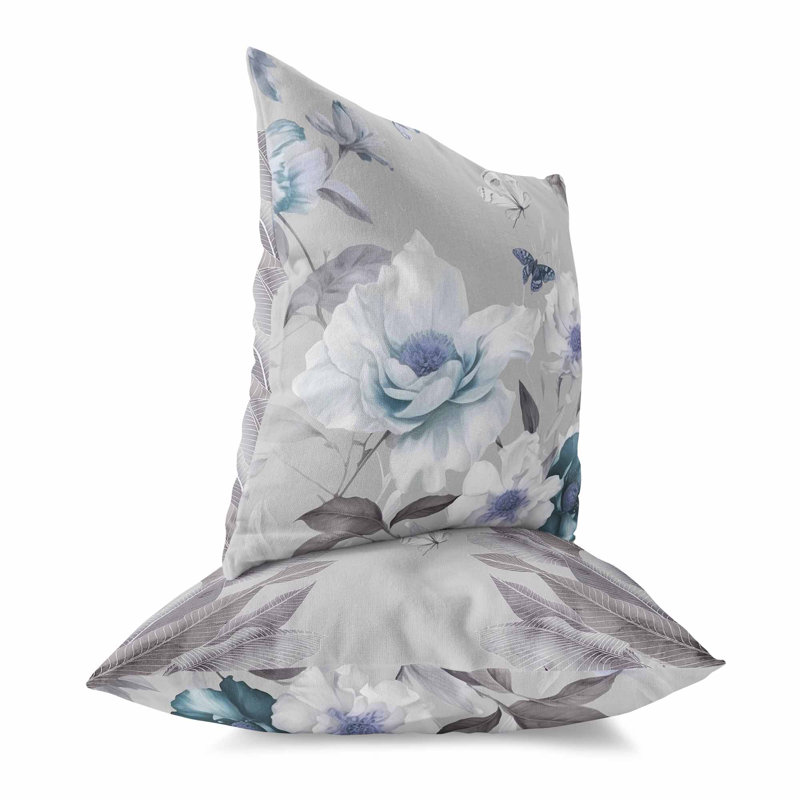 Coussin décoratif réversible Leafy Lepidoptera Medley, H 16 po x l 16 po, Bleu / Blanc / Gris