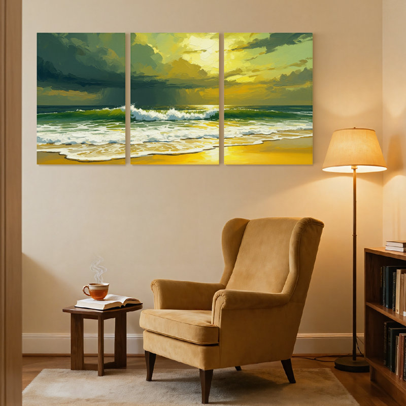 Nautique et plage coucher de soleil océan vagues plage ciel nuages dorés ensemble de 3 impressions d'art sur toile