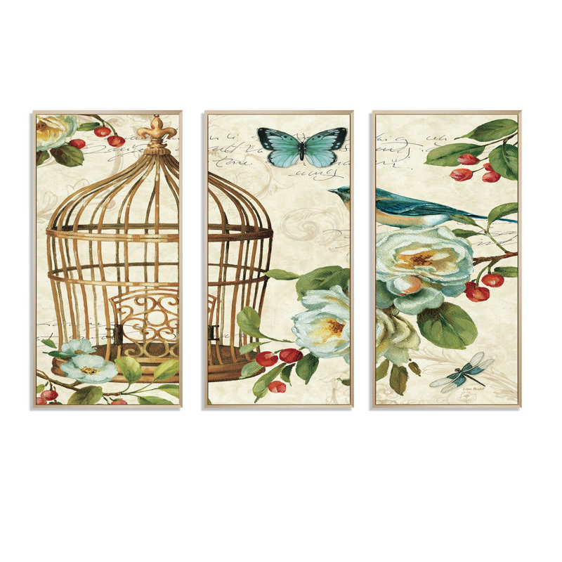 Oiseau de chalet bleu, cage à oiseaux et fleurs de pommier I, 28" H x 36" W x 1" D, Cadre brun