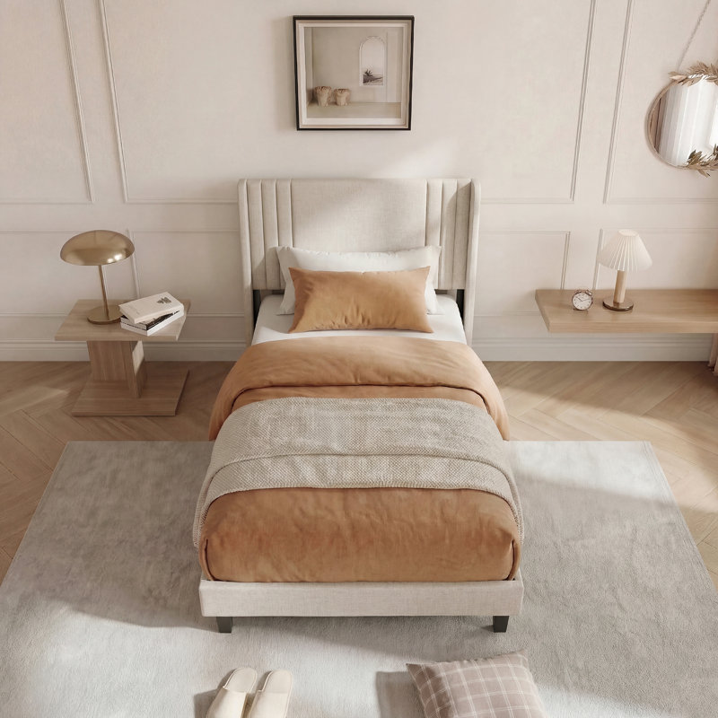 Upholstered Bed, European Single (90 x 200 cm), Beige