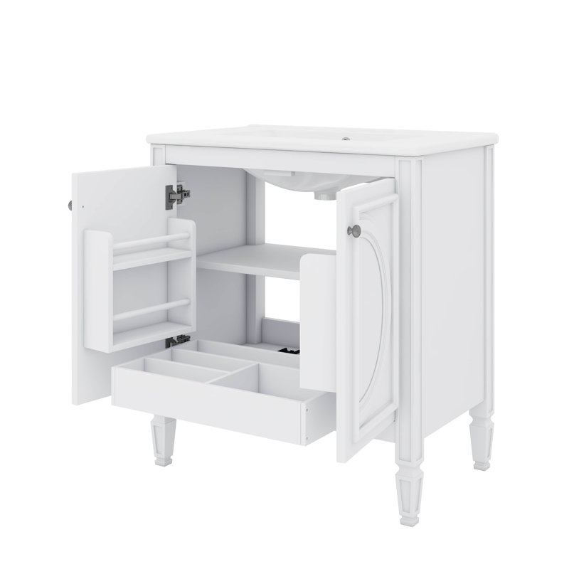 30" Bathroom Vanity With Sink, Two Doors With Shelf, White