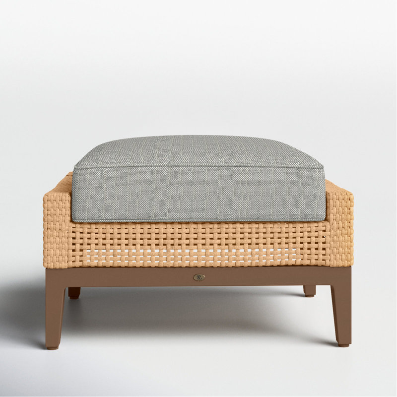 Peninsula Outdoor Ottoman with Cushion, Light Raffia/Natural Sandalwood, Rollo Silver InsideOut® Linen, Welt + Standard fill