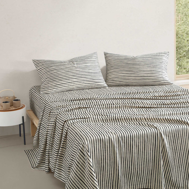 Marimekko Printed Organic Cotton Percale Sheet Sets, King Sheet Set with 2 Pillowcases, Black Striped