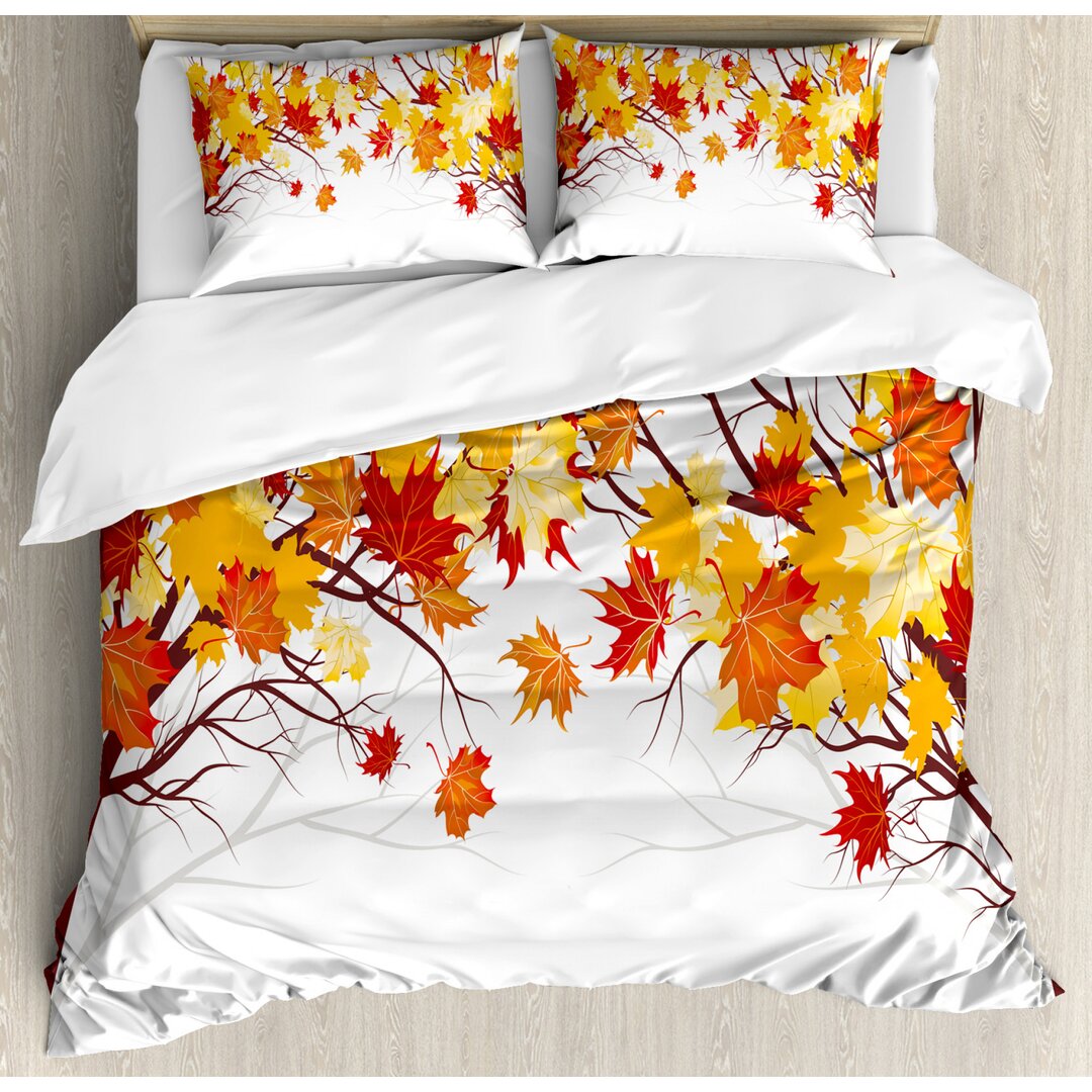 Bettbezug Set, Cartoon Ahorn Herbst-Baum, Fallen, Orange Weiss