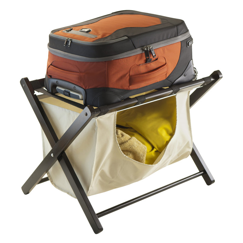 Espresso Wood Luggage Rack with Beige Fabric Basket