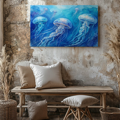 Blue Jellyfish Ocean Marine Life Coastal Sea Creature Canvas Wall Art Print For Living Room, Bedroom, Office, Hallway, Entryway, Gallery Wall And Modern Home Decor