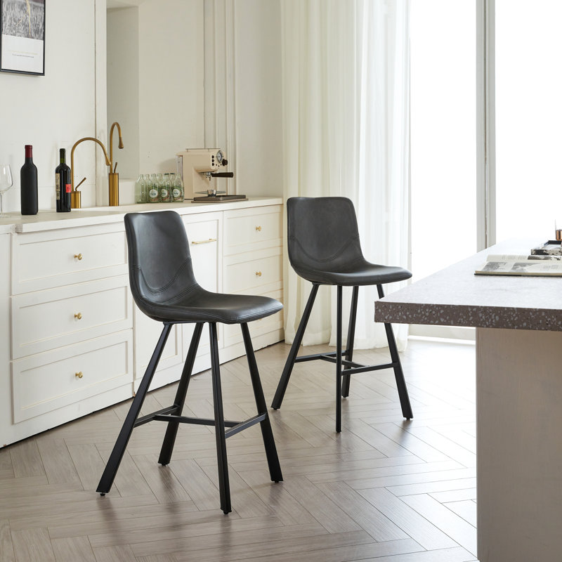Tabouret de bar moderne en similicuir noir avec dossier et repose-pieds ergonomiques - Structure robuste en métal à hauteur de comptoir pour îlot de cuisine, pub et restaurant