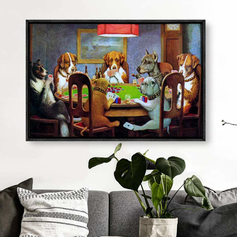Chiens jouant au poker - Cadre flottant, reproduction d'art sur toile, Noir, H 24 po x l 36 po x P 2 po